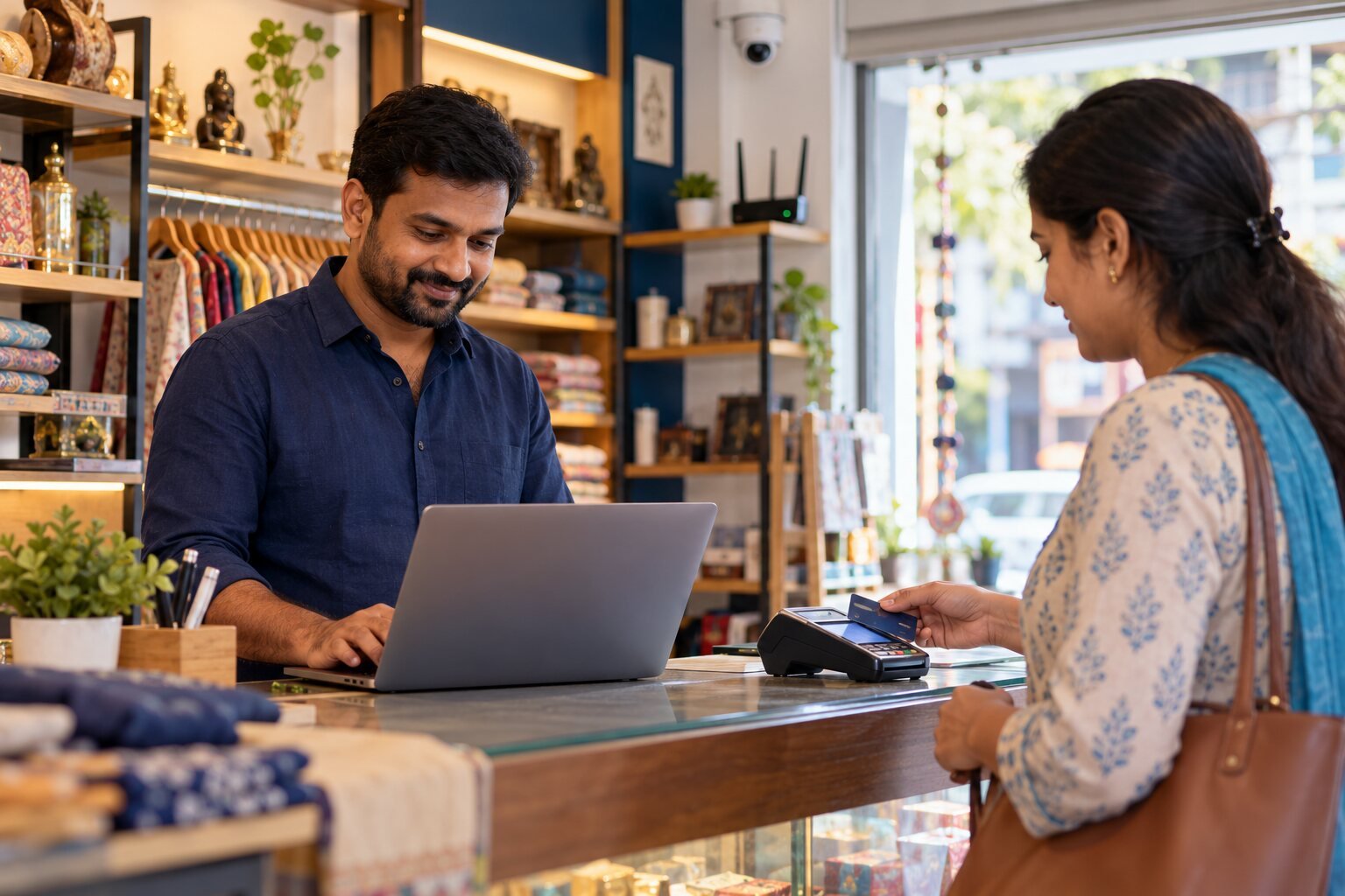 Illustrative Indian shop owner using digital payment connectivity
