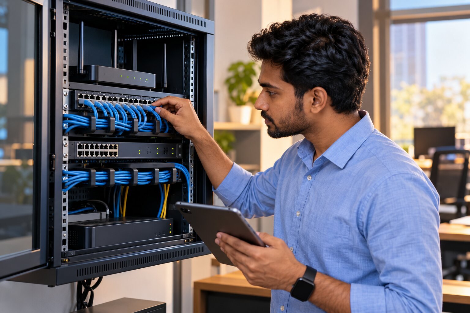 Illustrative network rack and connectivity equipment